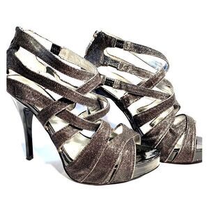 GUESS PEWTER METALLIC HIGH HEEL SANDALS SIZE 8M